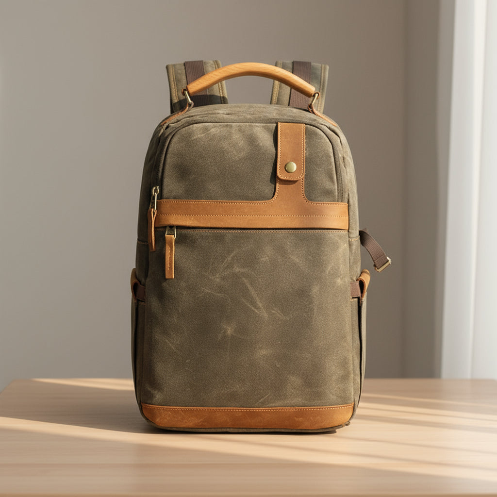 Waxed canvas camera backpack with reinforced leather trim – Camera Base